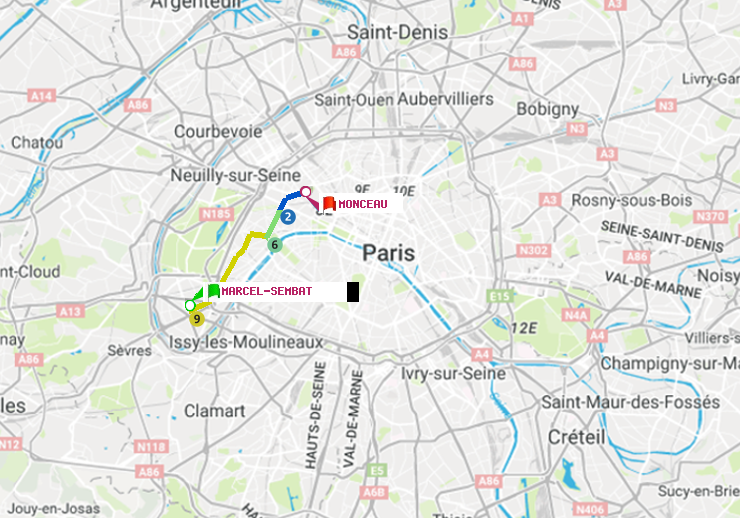 plan itinéraire ratp de Marcel Sembat à Monceau