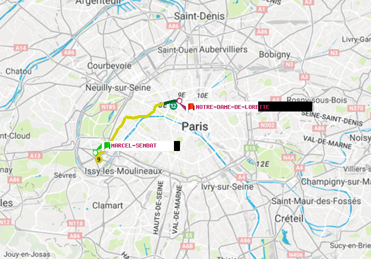 plan itinéraire ratp de Marcel Sembat à Notre-Dame de Lorette