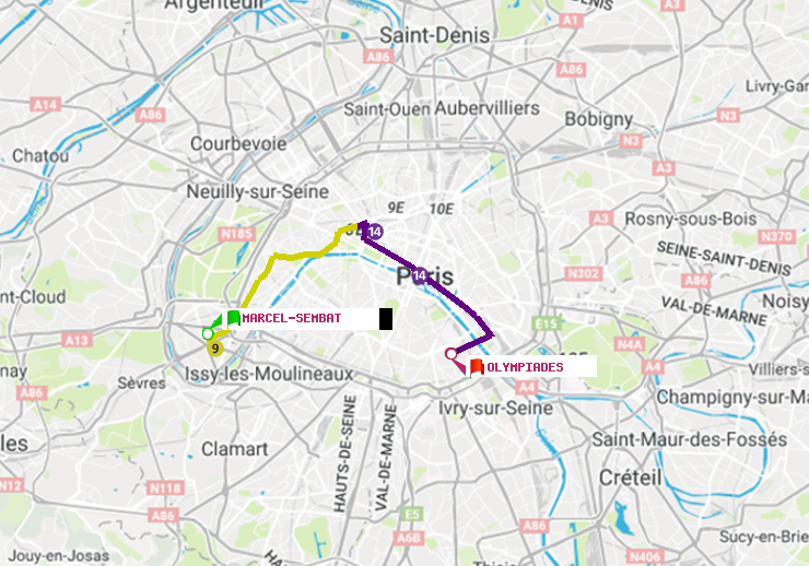 plan itinéraire ratp de Marcel Sembat à Olympiades