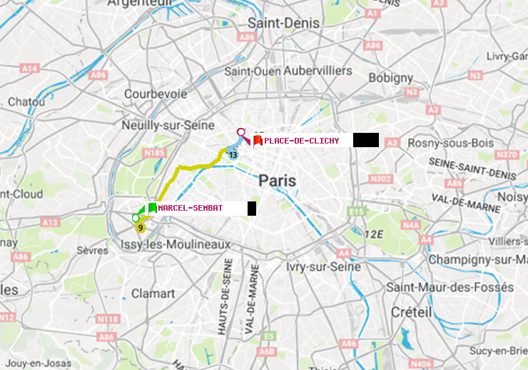 plan itinéraire ratp de Marcel Sembat à Place de Clichy