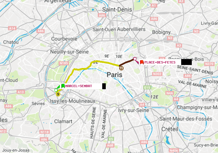 plan itinéraire ratp de Marcel Sembat à Place des Fêtes