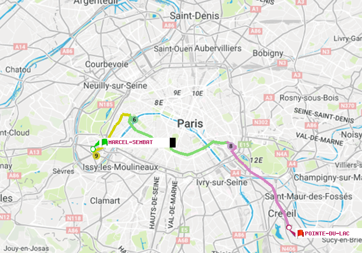 plan itinéraire ratp de Marcel Sembat à Pointe du Lac