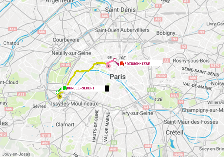 plan itinéraire ratp de Marcel Sembat à Poissonnière