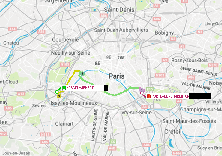 plan itinéraire ratp de Marcel Sembat à Porte de Charenton