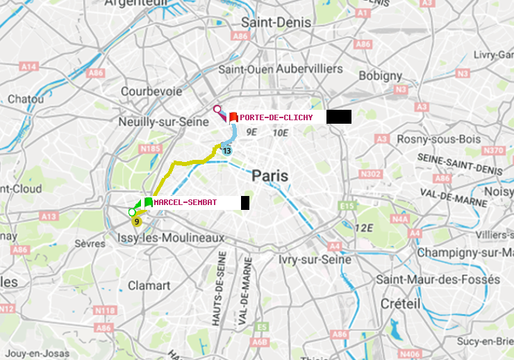 plan itinéraire ratp de Marcel Sembat à Porte de Clichy