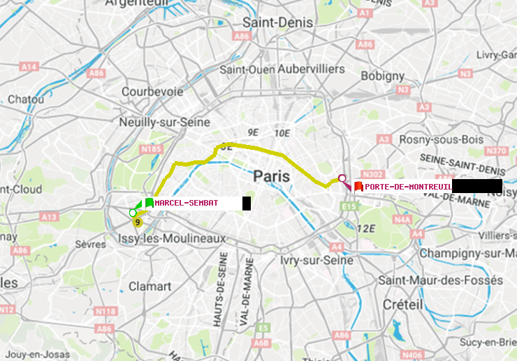 plan itinéraire ratp de Marcel Sembat à Porte de Montreuil