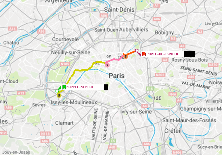 plan itinéraire ratp de Marcel Sembat à Porte de Pantin