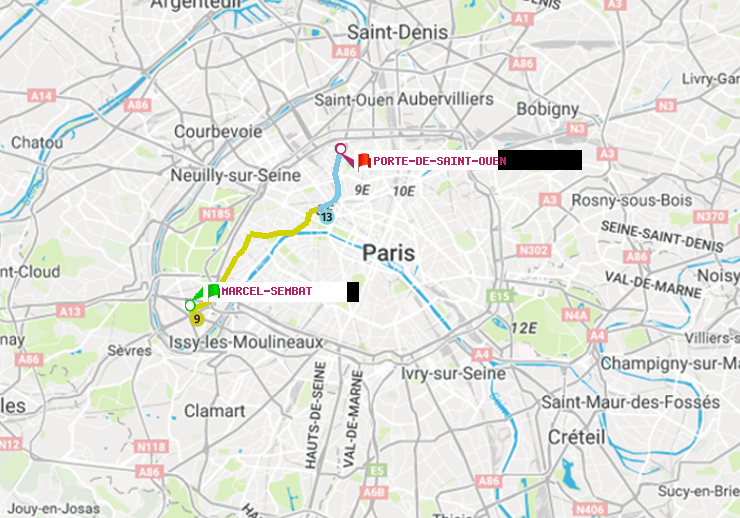 plan itinéraire ratp de Marcel Sembat à Porte de Saint-Ouen