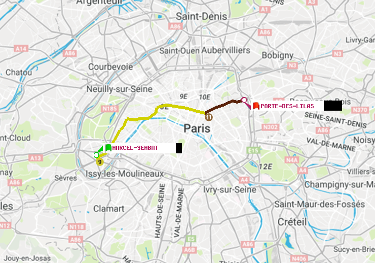 plan itinéraire ratp de Marcel Sembat à Porte des Lilas