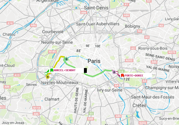 plan itinéraire ratp de Marcel Sembat à Porte Dorée