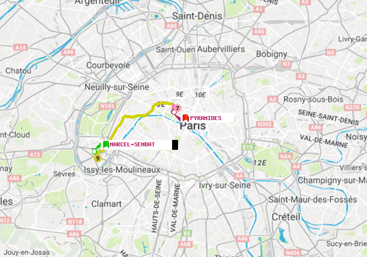 plan itinéraire ratp de Marcel Sembat à Pyramides