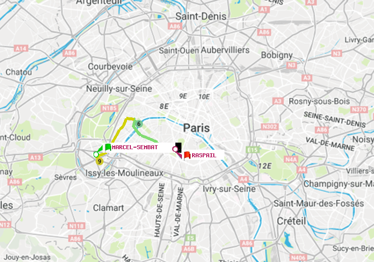 plan itinéraire ratp de Marcel Sembat à Raspail