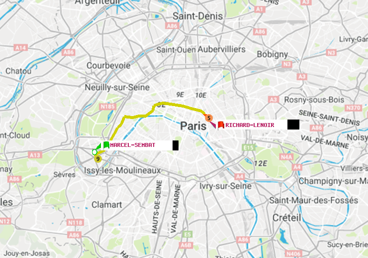 plan itinéraire ratp de Marcel Sembat à Richard-Lenoir