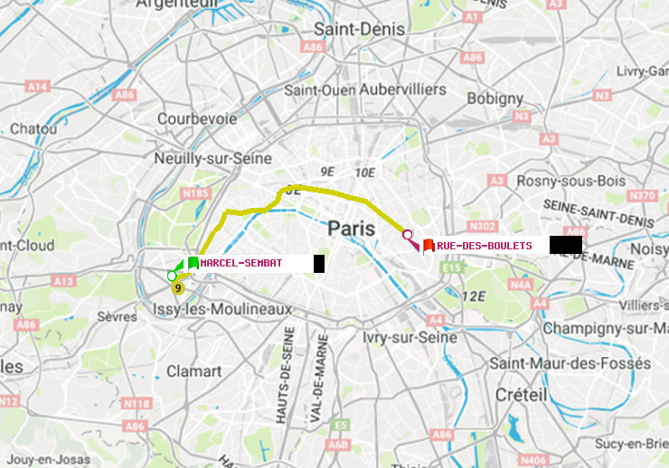 plan itinéraire ratp de Marcel Sembat à Rue des Boulets