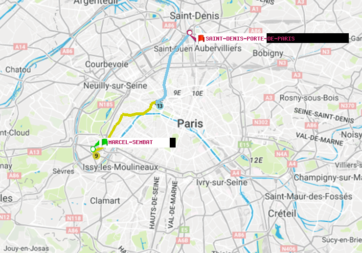 plan itinéraire ratp de Marcel Sembat à Saint-Denis-Porte de Paris