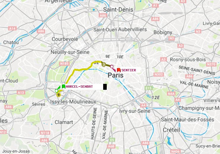plan itinéraire ratp de Marcel Sembat à Sentier