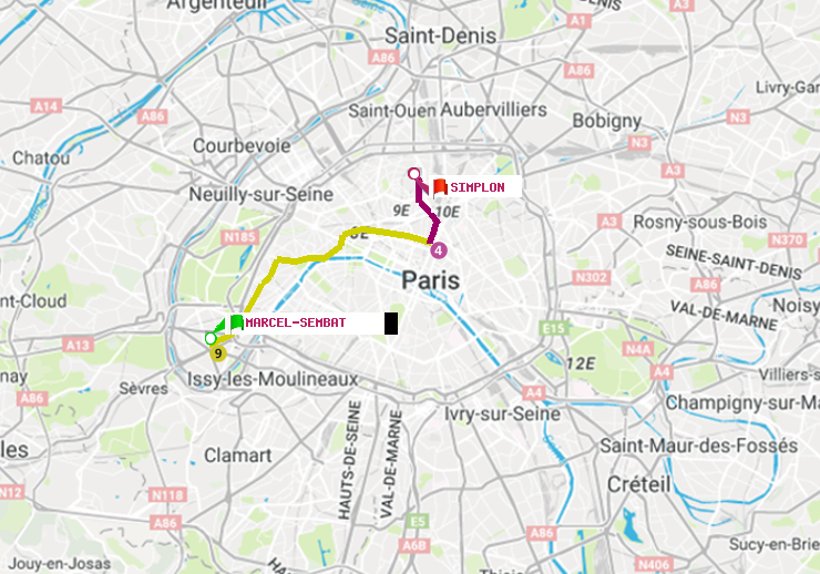 plan itinéraire ratp de Marcel Sembat à Simplon