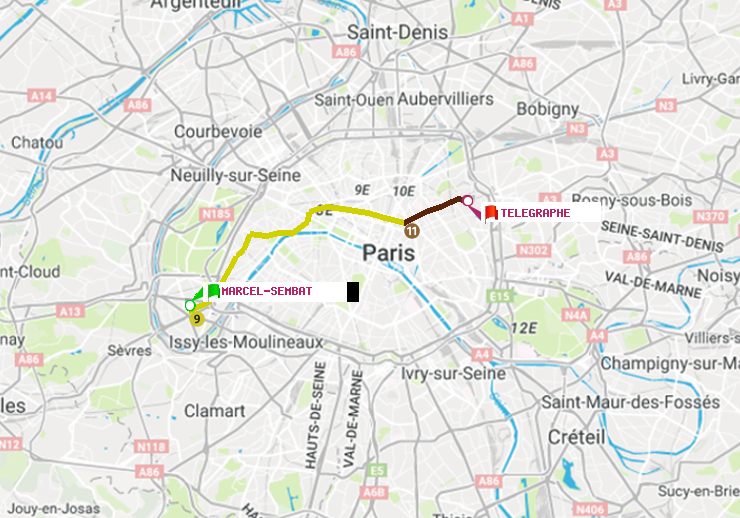 plan itinéraire ratp de Marcel Sembat à Telegraphe
