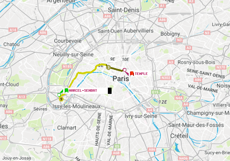 plan itinéraire ratp de Marcel Sembat à Temple