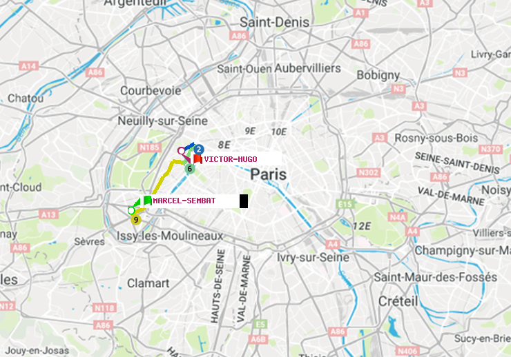 plan itinéraire ratp de Marcel Sembat à Victor Hugo