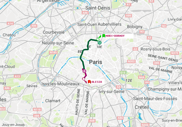 plan itinéraire ratp de Marx-Dormoy à Alésia