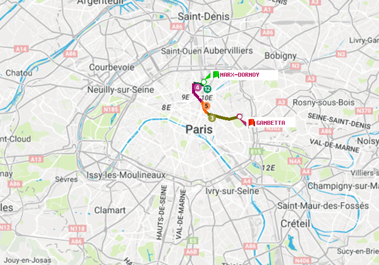 plan itinéraire ratp de Marx-Dormoy à Gambetta