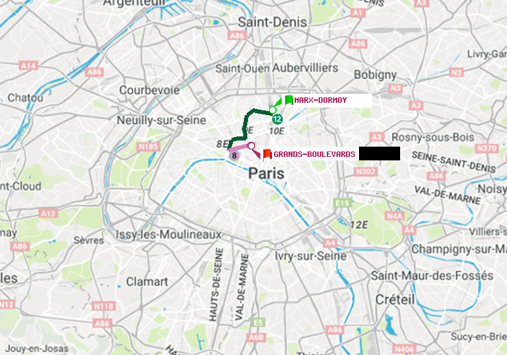 plan itinéraire ratp de Marx-Dormoy à Grands Boulevards