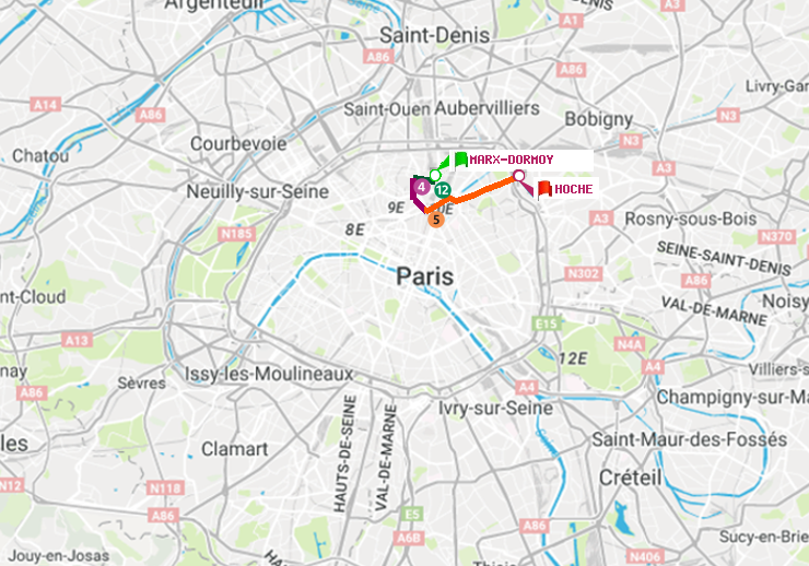 plan itinéraire ratp de Marx-Dormoy à Hoche