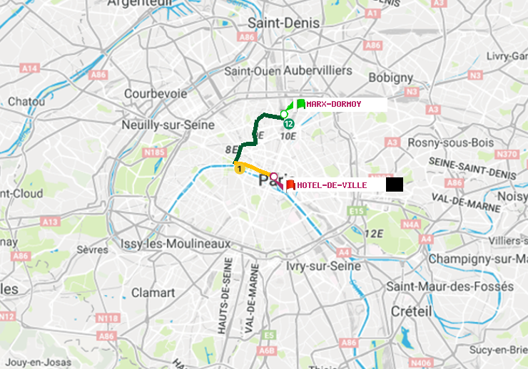 plan itinéraire ratp de Marx-Dormoy à Hôtel de Ville