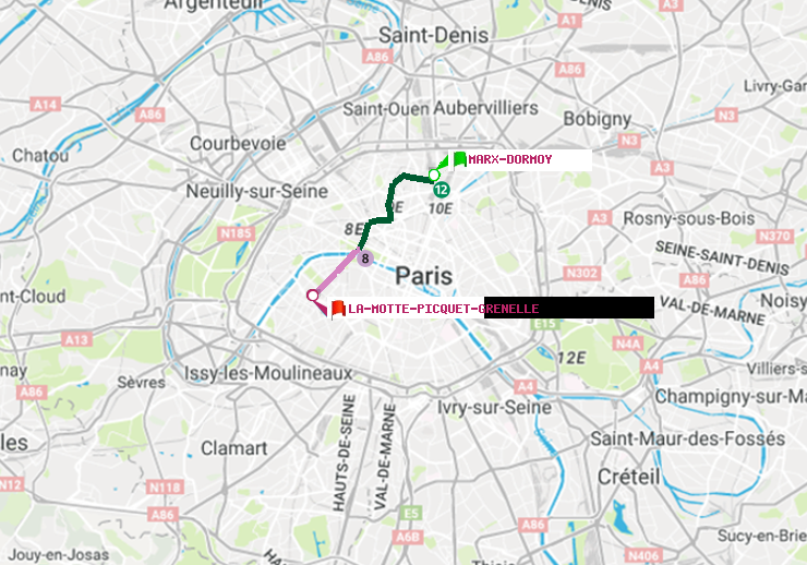 plan itinéraire ratp de Marx-Dormoy à La Motte-Picquet-Grenelle