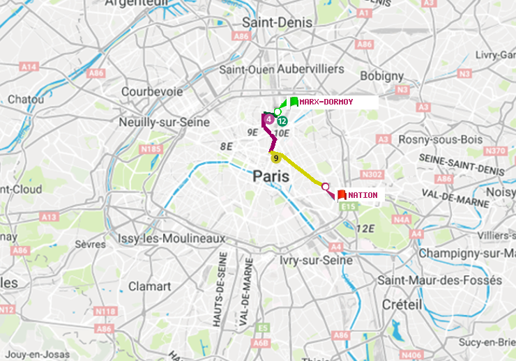 plan itinéraire ratp de Marx-Dormoy à Nation