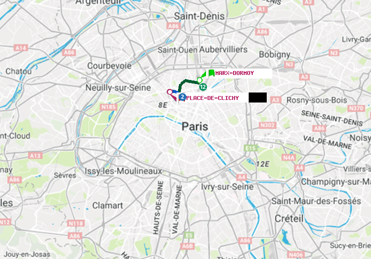 plan itinéraire ratp de Marx-Dormoy à Place de Clichy