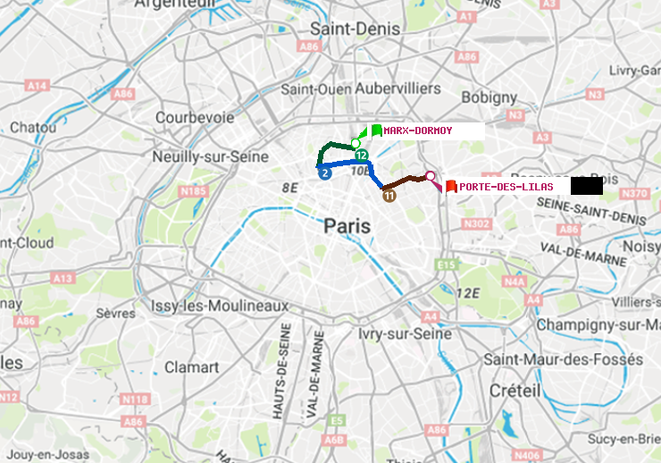 plan itinéraire ratp de Marx-Dormoy à Porte des Lilas