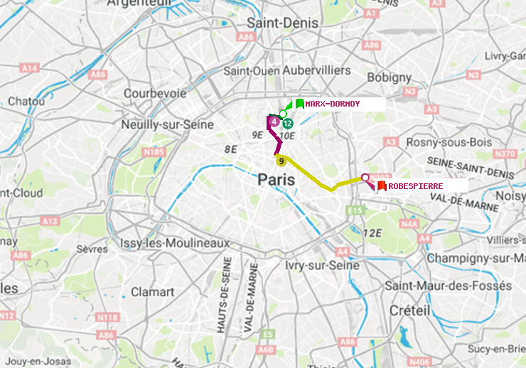 plan itinéraire ratp de Marx-Dormoy à Robespierre