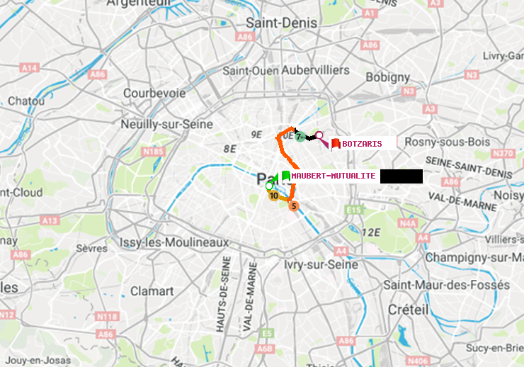 plan itinéraire ratp de Maubert-Mutualité à Botzaris