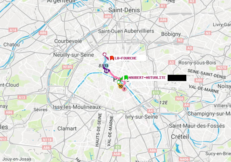 plan itinéraire ratp de Maubert-Mutualité à La Fourche