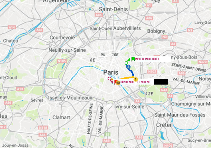 plan itinéraire ratp de Ménilmontant à Cardinal-Lemoine
