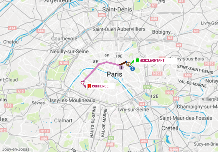 plan itinéraire ratp de Ménilmontant à Commerce