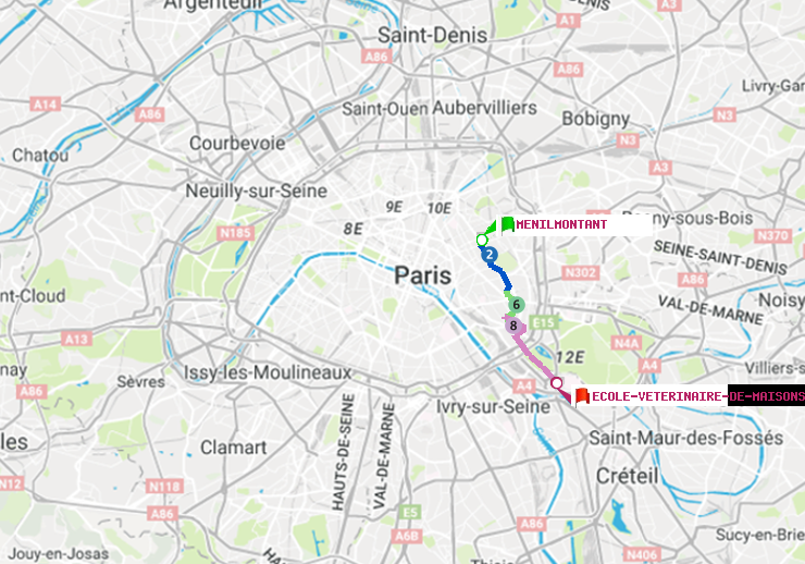 plan itinéraire ratp de Ménilmontant à Ecole Vétérinaire de Maisons-Alfort