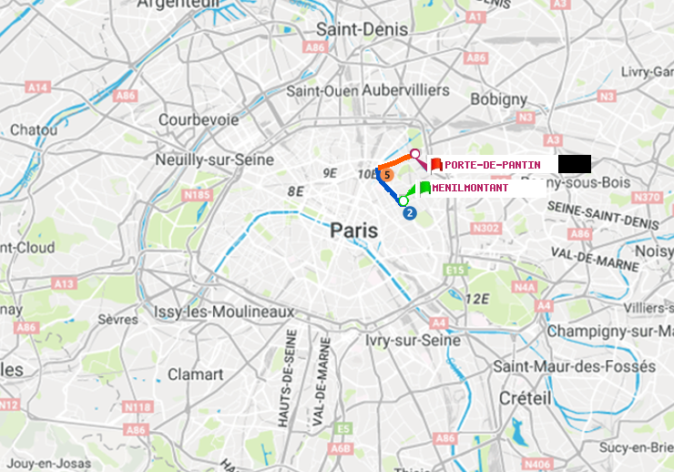 plan itinéraire ratp de Ménilmontant à Porte de Pantin