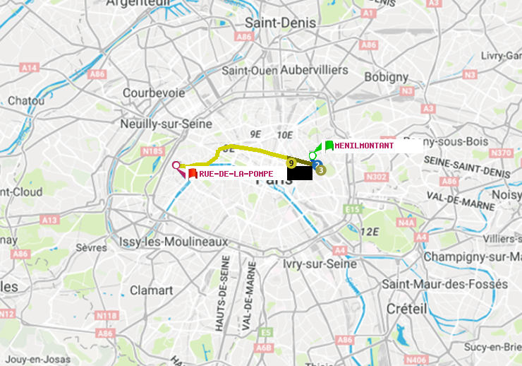 plan itinéraire ratp de Ménilmontant à Rue de la Pompe (Avenue Georges Mandel)