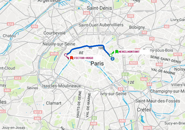 plan itinéraire ratp de Ménilmontant à Victor Hugo