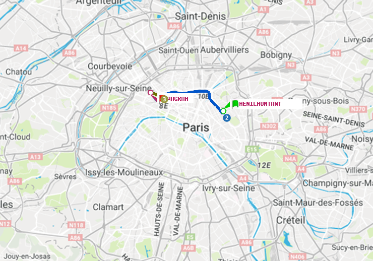 plan itinéraire ratp de Ménilmontant à Wagram