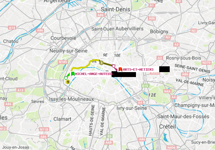 plan itinéraire ratp de Michel-Ange-Auteuil à Arts-et-Métiers
