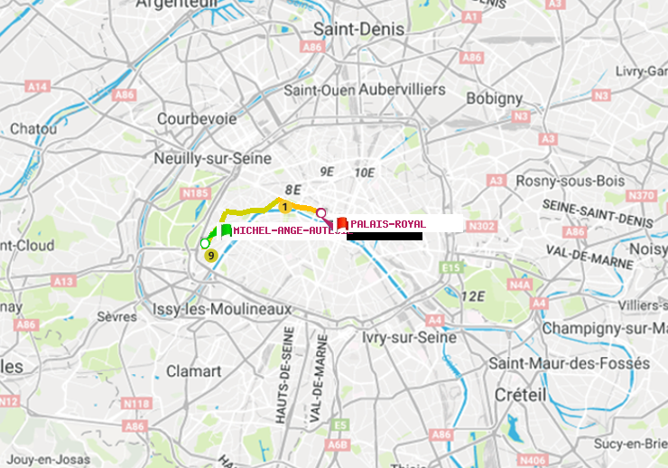 plan itinéraire ratp de Michel-Ange-Auteuil à Palais-Royal (Musée du Louvre)