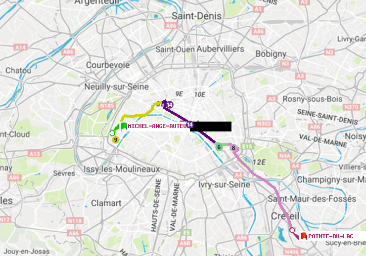 plan itinéraire ratp de Michel-Ange-Auteuil à Pointe du Lac