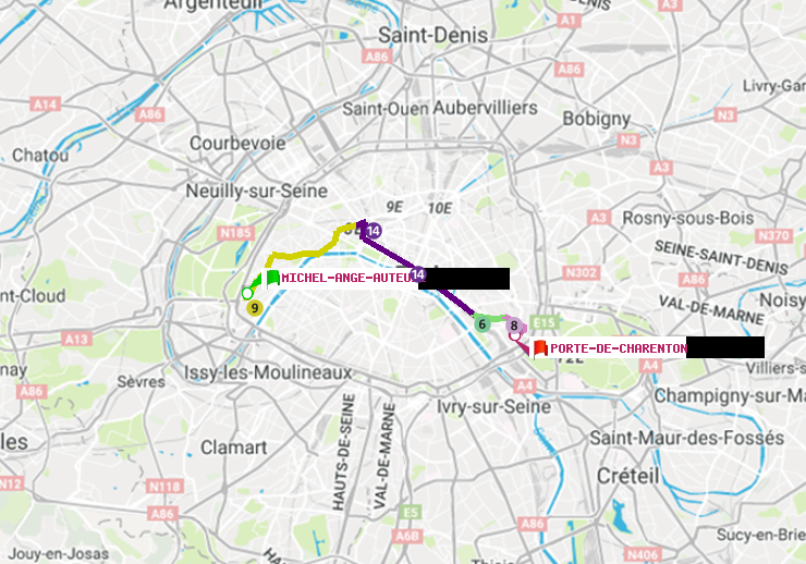 plan itinéraire ratp de Michel-Ange-Auteuil à Porte de Charenton