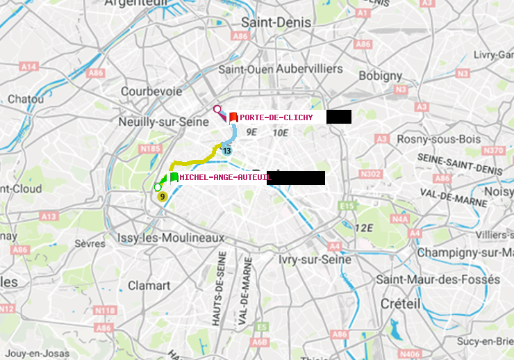 plan itinéraire ratp de Michel-Ange-Auteuil à Porte de Clichy
