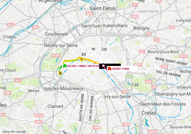 plan itinéraire ratp de Michel-Ange-Auteuil à Saint-Paul (Le Marais)