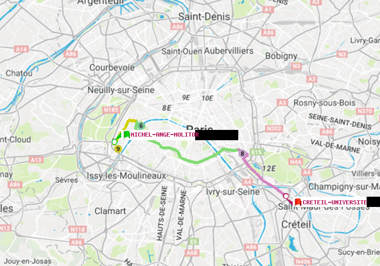 plan itinéraire ratp de Michel-Ange-Molitor à Créteil-Université